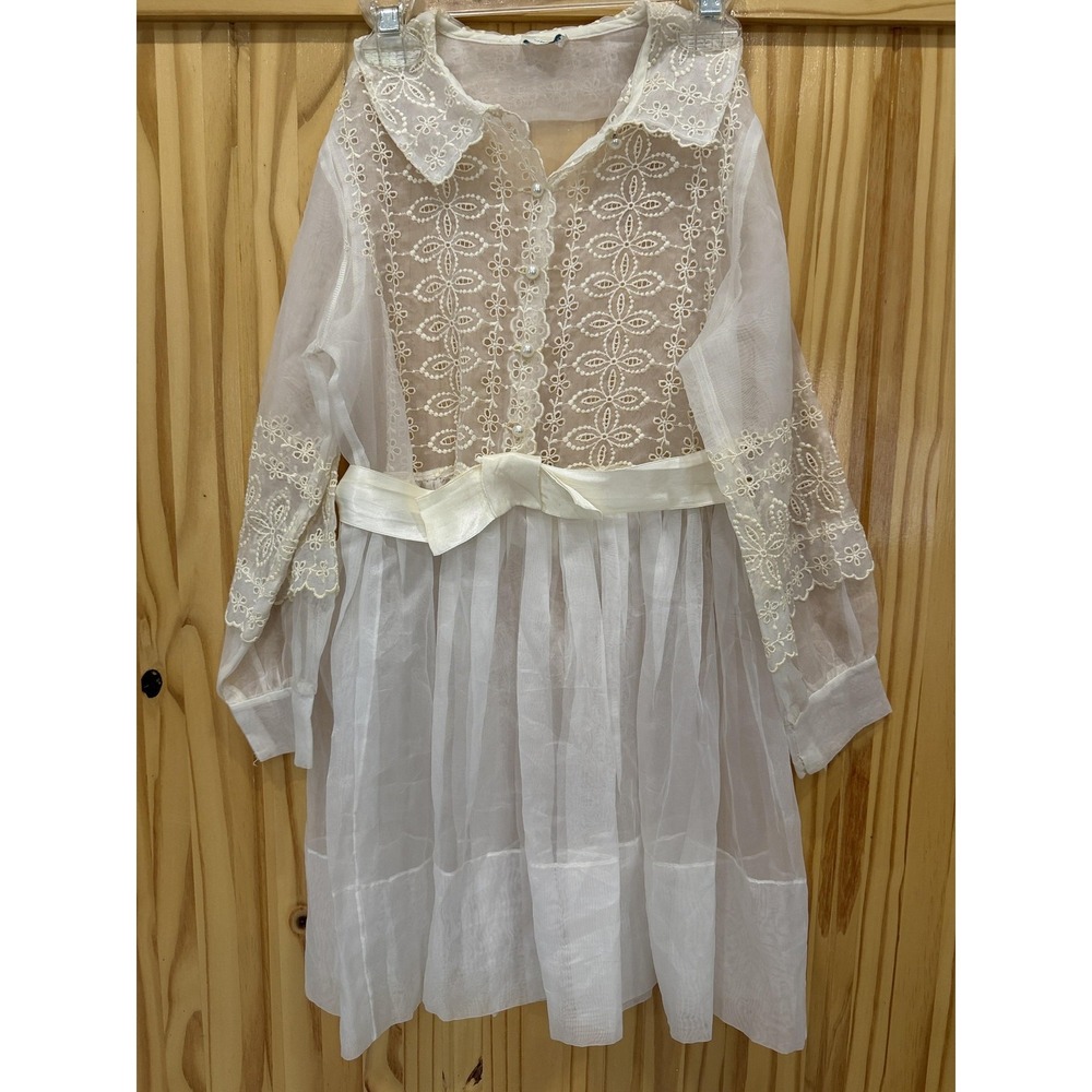 L'Enfant Dress Girls 8 White Lace Organza Long Sleeve Peter Pan Collar Bow